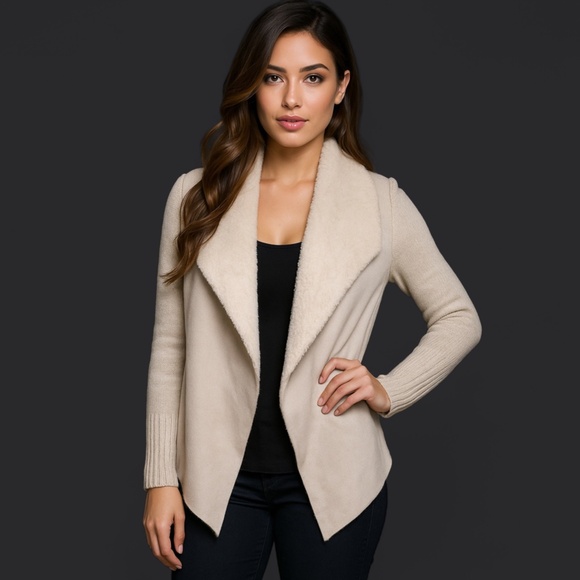 Off-White Faux Fur Knit Sweater Jacket SZ M - Picture 1 of 12